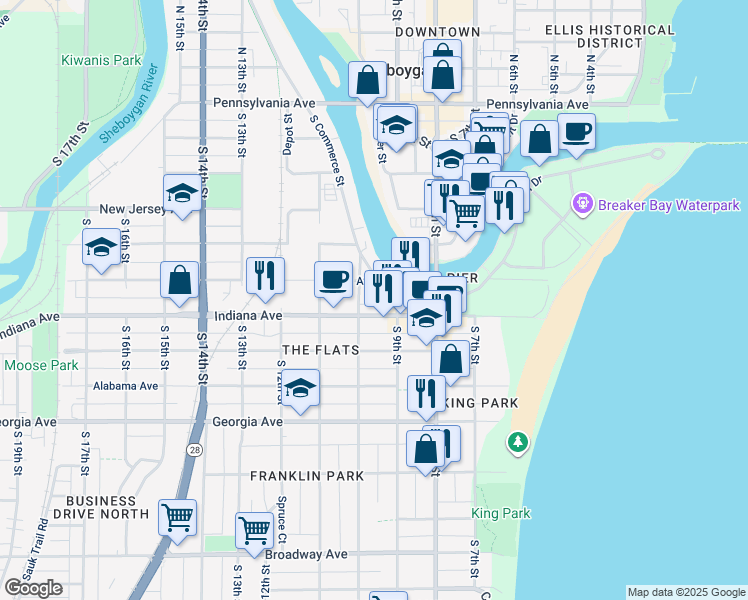 map of restaurants, bars, coffee shops, grocery stores, and more near 919 Indiana Avenue in Sheboygan