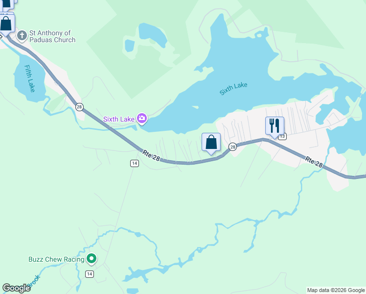 map of restaurants, bars, coffee shops, grocery stores, and more near 314 State Highway 28 in Inlet
