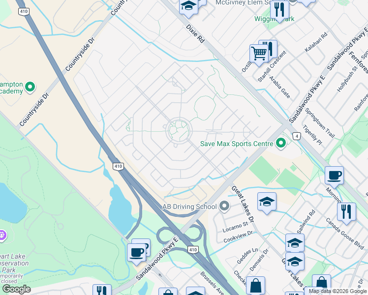 map of restaurants, bars, coffee shops, grocery stores, and more near in Brampton