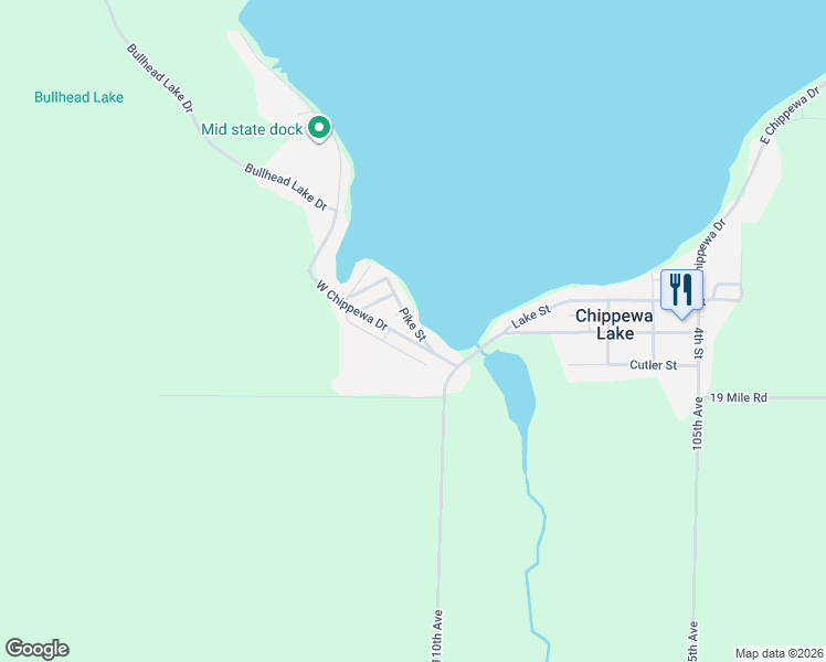 map of restaurants, bars, coffee shops, grocery stores, and more near 19095 West Chippewa Drive in Rodney