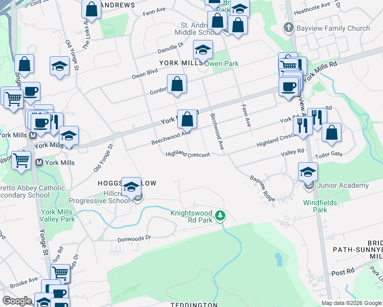 map of restaurants, bars, coffee shops, grocery stores, and more near 7 Cedarwood Avenue in Toronto