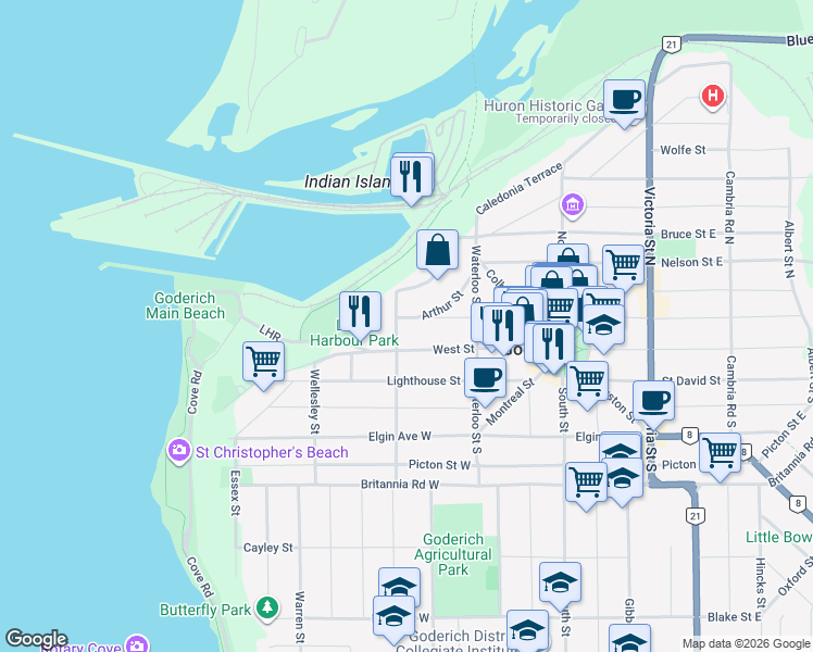 map of restaurants, bars, coffee shops, grocery stores, and more near 22 Wellington Street North in Goderich