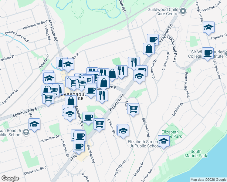 map of restaurants, bars, coffee shops, grocery stores, and more near 3231 Eglinton Avenue East in Toronto