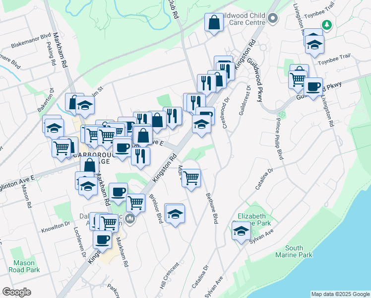 map of restaurants, bars, coffee shops, grocery stores, and more near 4 Kingston Road in Toronto