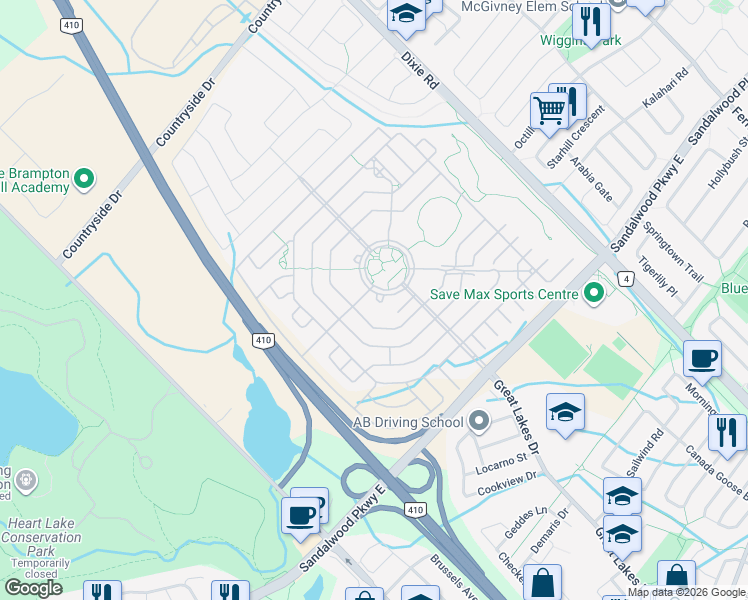 map of restaurants, bars, coffee shops, grocery stores, and more near 40 Via Rosedale in Brampton