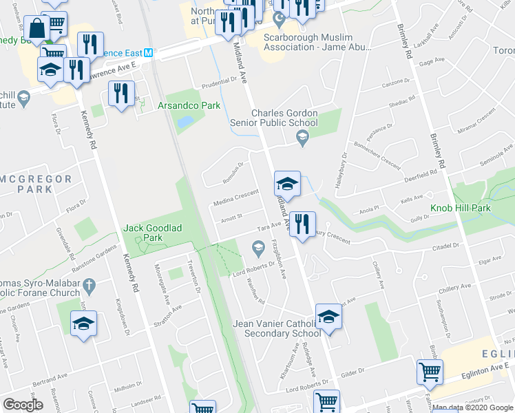map of restaurants, bars, coffee shops, grocery stores, and more near in Toronto