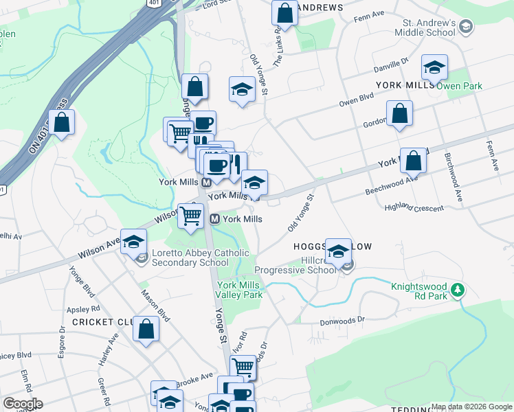 map of restaurants, bars, coffee shops, grocery stores, and more near 36 York Mills Road in Toronto