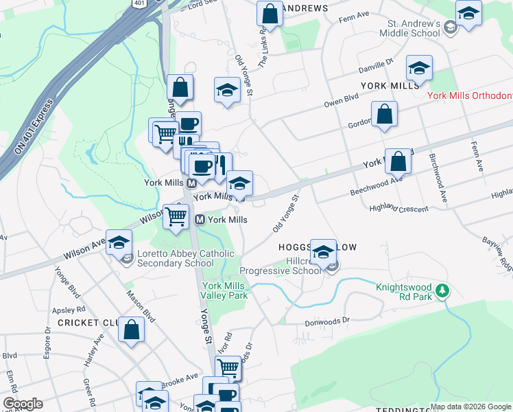 map of restaurants, bars, coffee shops, grocery stores, and more near 50 York Mills Road in Toronto