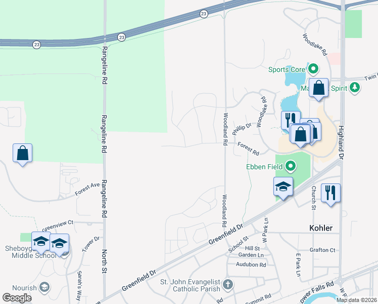 map of restaurants, bars, coffee shops, grocery stores, and more near 430 Woodland Road in Kohler