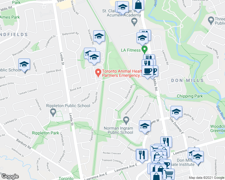 map of restaurants, bars, coffee shops, grocery stores, and more near 21 Addison Crescent in Toronto
