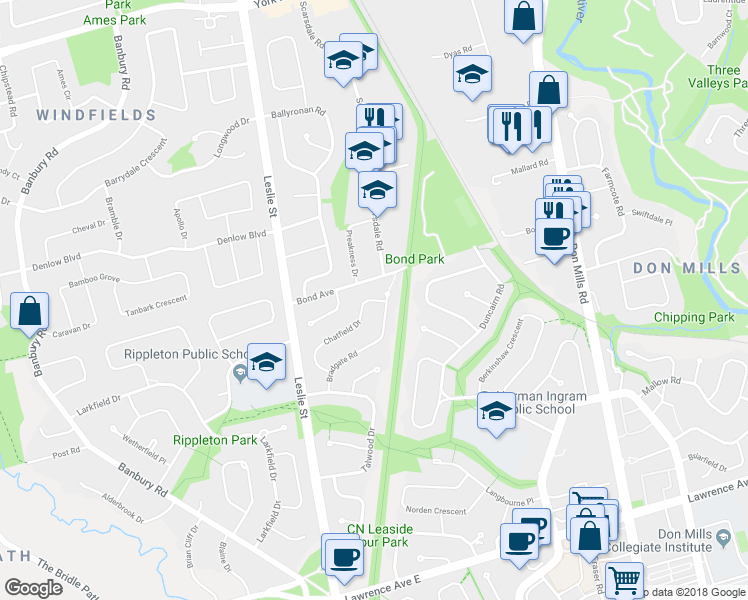 map of restaurants, bars, coffee shops, grocery stores, and more near 42 Chatfield Drive in Toronto