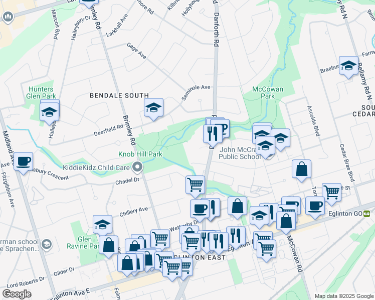 map of restaurants, bars, coffee shops, grocery stores, and more near 1346 Danforth Road in Toronto