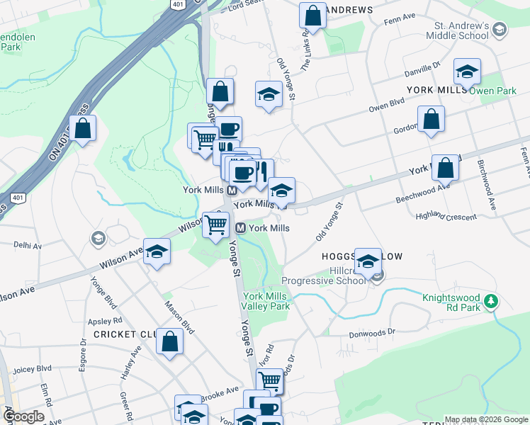 map of restaurants, bars, coffee shops, grocery stores, and more near 47 York Mills Road in Toronto