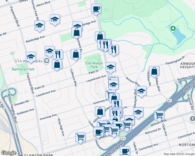 map of restaurants, bars, coffee shops, grocery stores, and more near Laurelcrest Avenue in Toronto