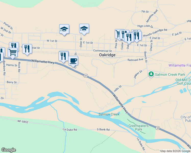 map of restaurants, bars, coffee shops, grocery stores, and more near 76349 Willamette Way in Oakridge