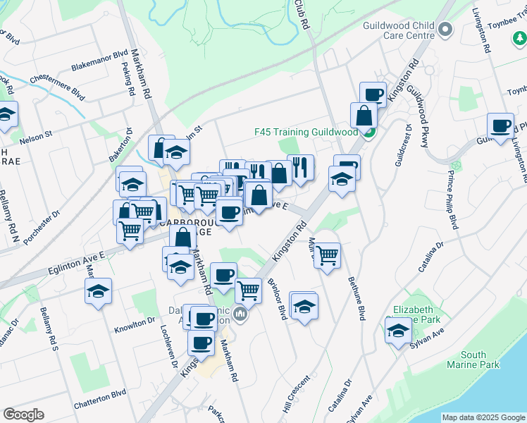 map of restaurants, bars, coffee shops, grocery stores, and more near in Toronto