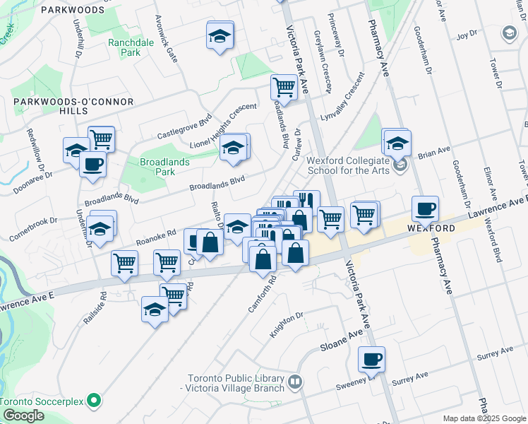 map of restaurants, bars, coffee shops, grocery stores, and more near in Toronto