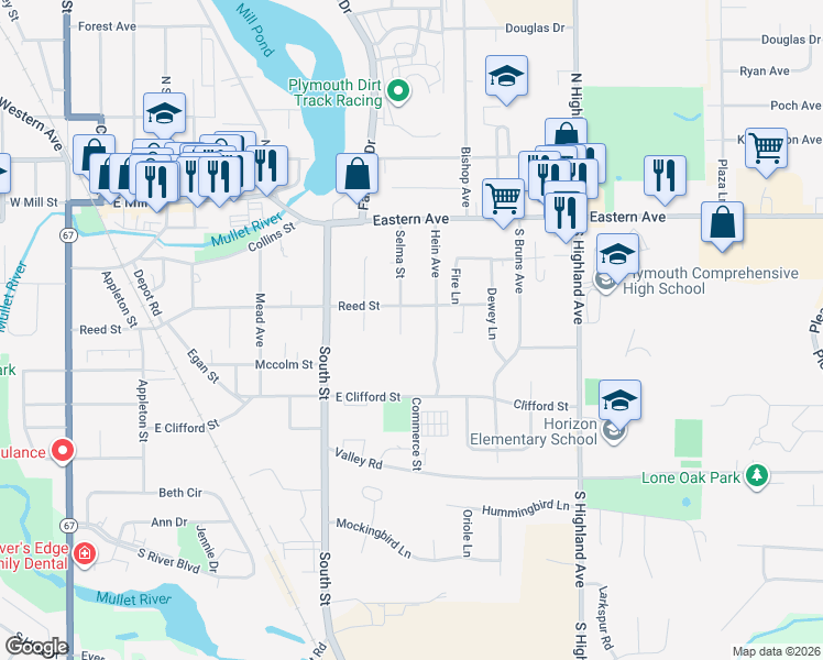 map of restaurants, bars, coffee shops, grocery stores, and more near 1015 Reed Street in Plymouth