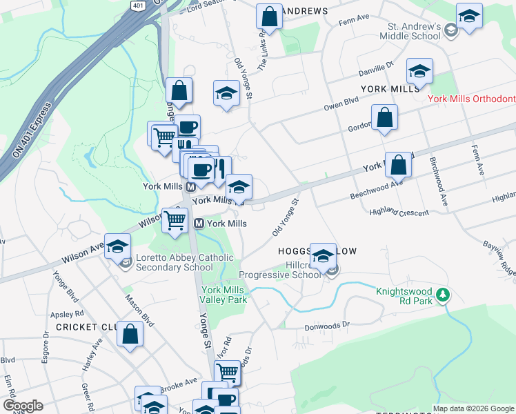 map of restaurants, bars, coffee shops, grocery stores, and more near 51 York Mills Road in Toronto