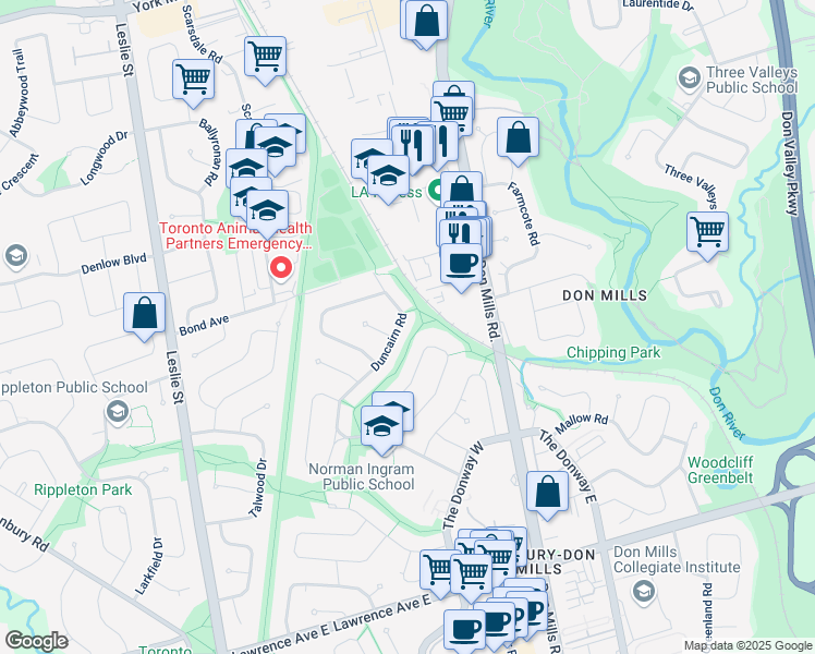 map of restaurants, bars, coffee shops, grocery stores, and more near 145 Duncairn Road in Toronto