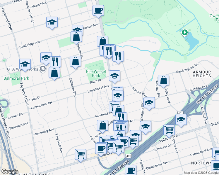 map of restaurants, bars, coffee shops, grocery stores, and more near 3896 Bathurst Street in Toronto