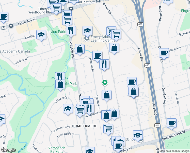 map of restaurants, bars, coffee shops, grocery stores, and more near 105 Habitant Drive in Toronto