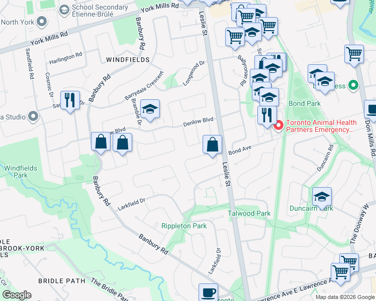 map of restaurants, bars, coffee shops, grocery stores, and more near 21 Leacock Crescent in Toronto