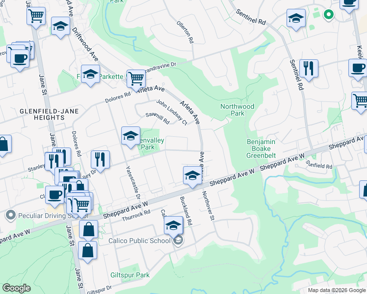 map of restaurants, bars, coffee shops, grocery stores, and more near 79 Watney Crescent in Toronto