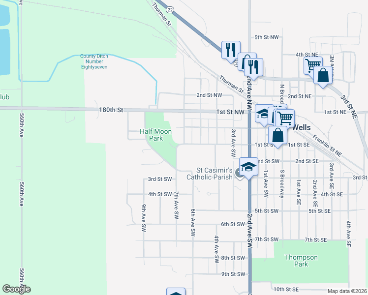 map of restaurants, bars, coffee shops, grocery stores, and more near 65 6th Avenue Southwest in Wells