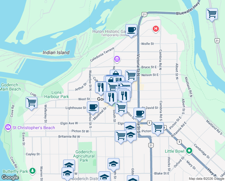 map of restaurants, bars, coffee shops, grocery stores, and more near 3 North Street in Goderich