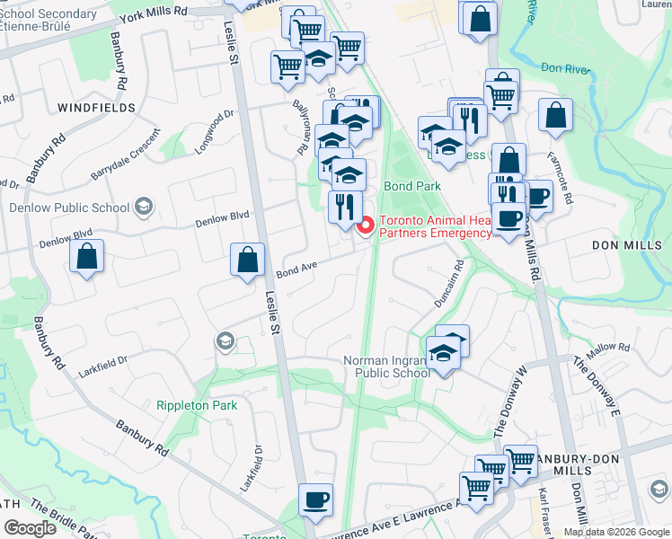 map of restaurants, bars, coffee shops, grocery stores, and more near in Toronto