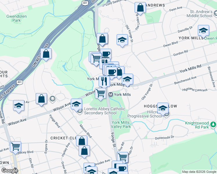 map of restaurants, bars, coffee shops, grocery stores, and more near in Toronto