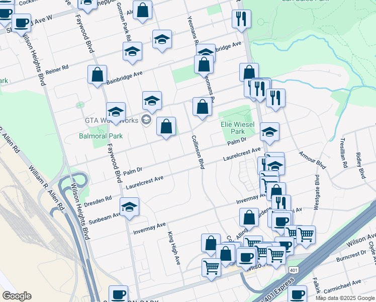 map of restaurants, bars, coffee shops, grocery stores, and more near in Toronto