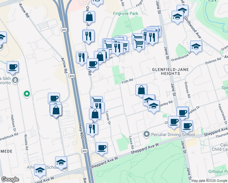 map of restaurants, bars, coffee shops, grocery stores, and more near in Toronto