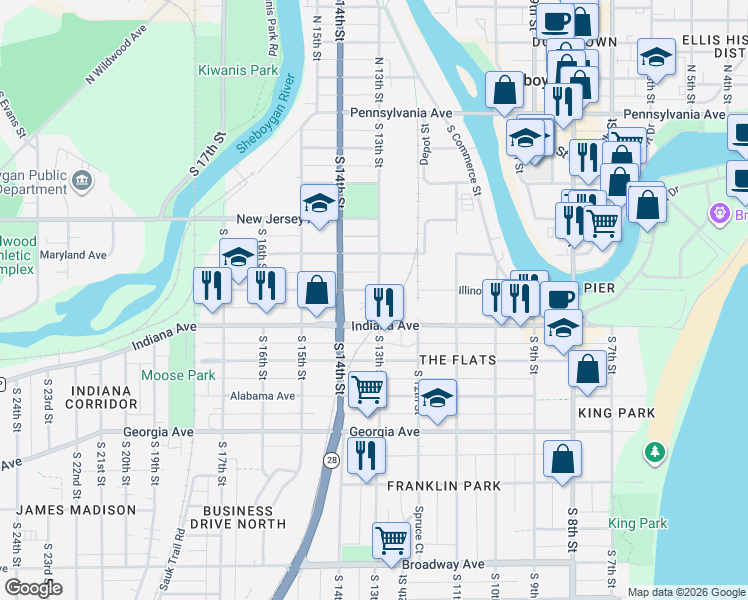 map of restaurants, bars, coffee shops, grocery stores, and more near 930 South 13th Street in Sheboygan