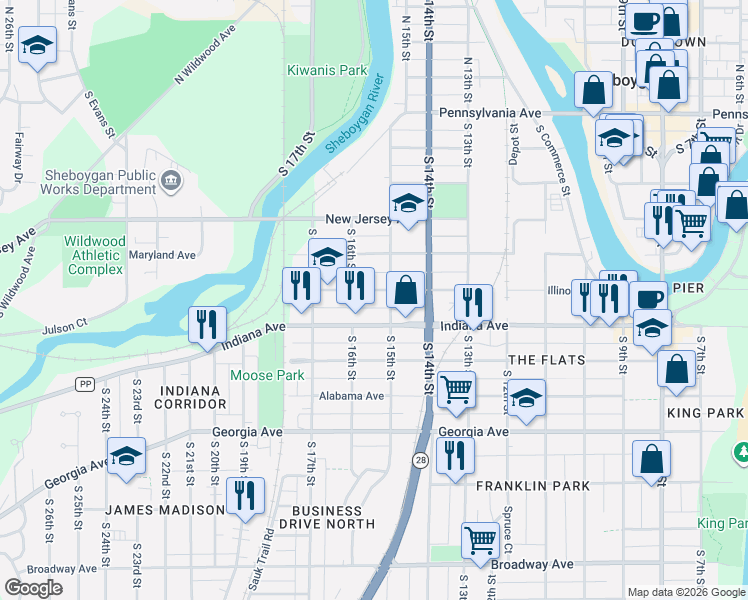 map of restaurants, bars, coffee shops, grocery stores, and more near 1534 Illinois Avenue in Sheboygan