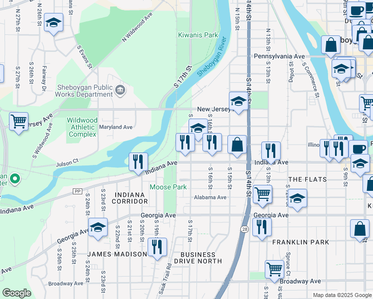 map of restaurants, bars, coffee shops, grocery stores, and more near 1716 Illinois Avenue in Sheboygan