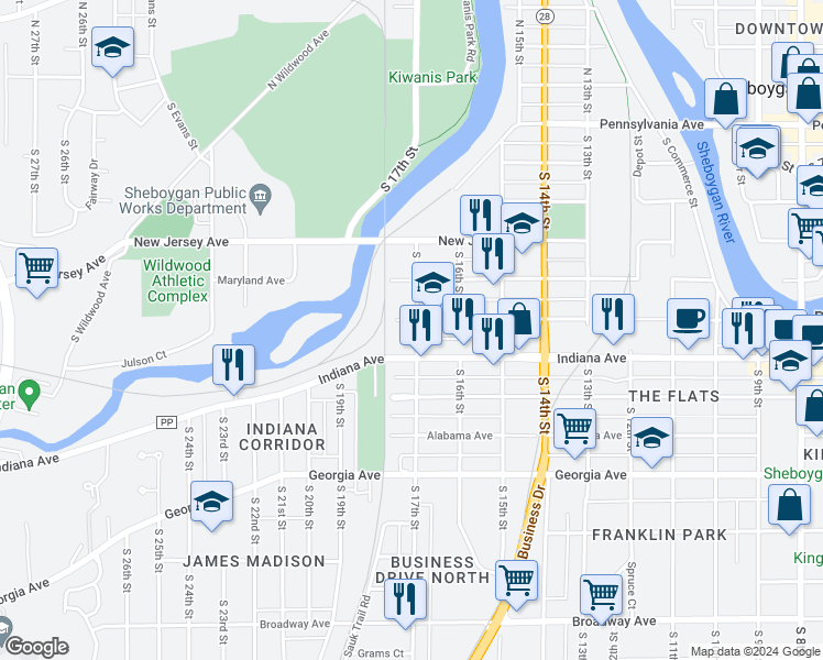 map of restaurants, bars, coffee shops, grocery stores, and more near 1703 Illinois Avenue in Sheboygan
