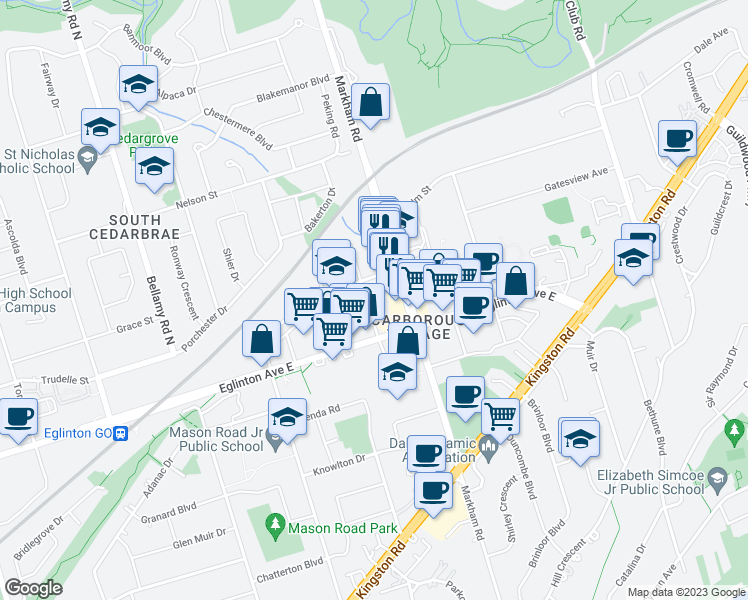 map of restaurants, bars, coffee shops, grocery stores, and more near 17 Centre Street in Toronto