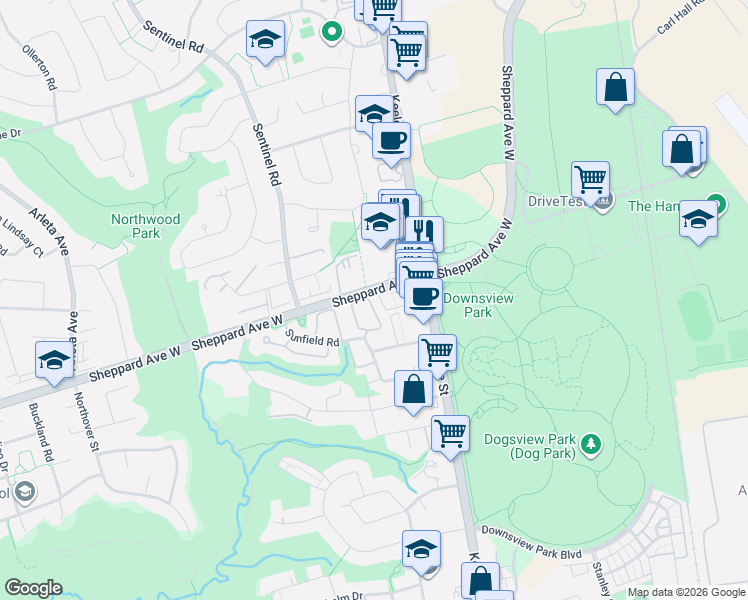 map of restaurants, bars, coffee shops, grocery stores, and more near 55 Norman Wesley Way in Toronto