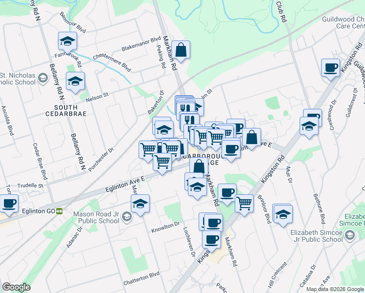 map of restaurants, bars, coffee shops, grocery stores, and more near 17 Centre Street in Toronto