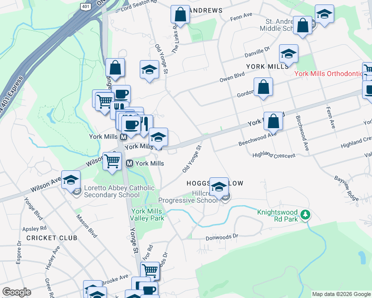 map of restaurants, bars, coffee shops, grocery stores, and more near 75 York Mills Road in Toronto