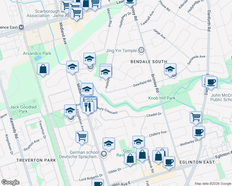 map of restaurants, bars, coffee shops, grocery stores, and more near in Toronto