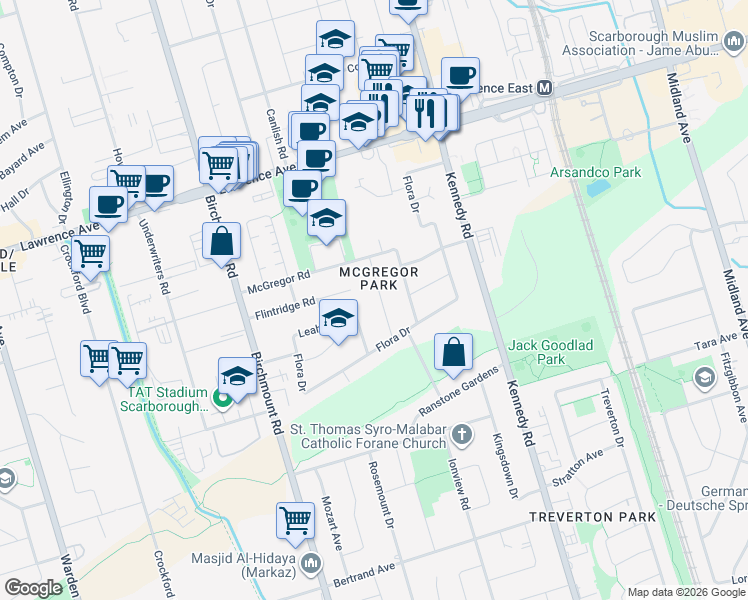 map of restaurants, bars, coffee shops, grocery stores, and more near in Toronto
