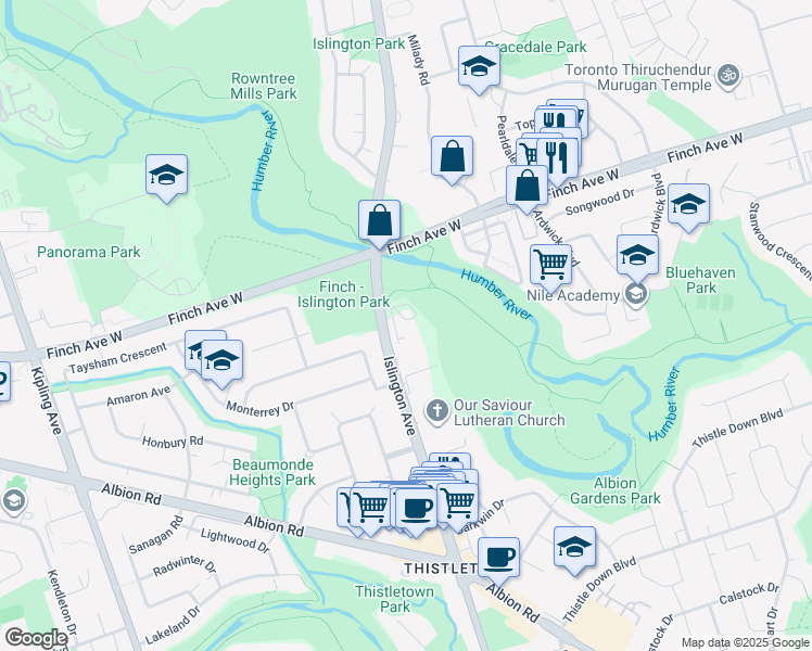 map of restaurants, bars, coffee shops, grocery stores, and more near 2765 Islington Avenue in Toronto