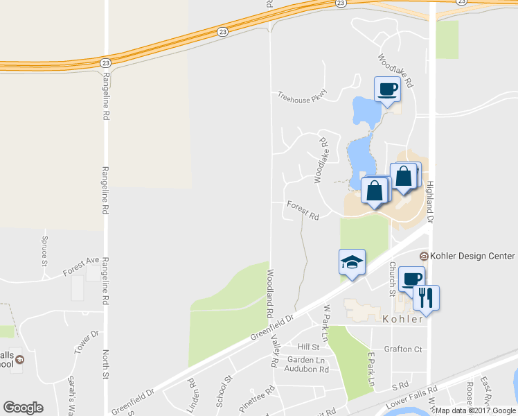 map of restaurants, bars, coffee shops, grocery stores, and more near 430 Woodland Rd in Kohler