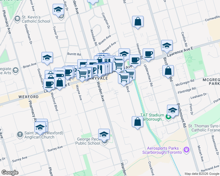 map of restaurants, bars, coffee shops, grocery stores, and more near 2069 Lawrence Avenue East in Toronto