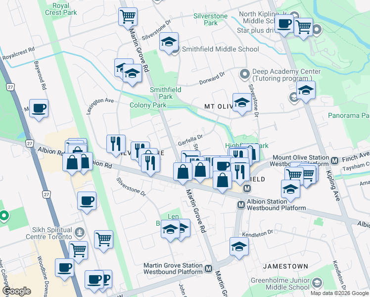 map of restaurants, bars, coffee shops, grocery stores, and more near 41 Garfella Drive in Toronto