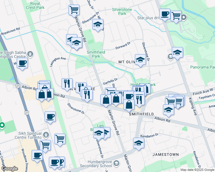 map of restaurants, bars, coffee shops, grocery stores, and more near 41 Garfella Drive in Toronto