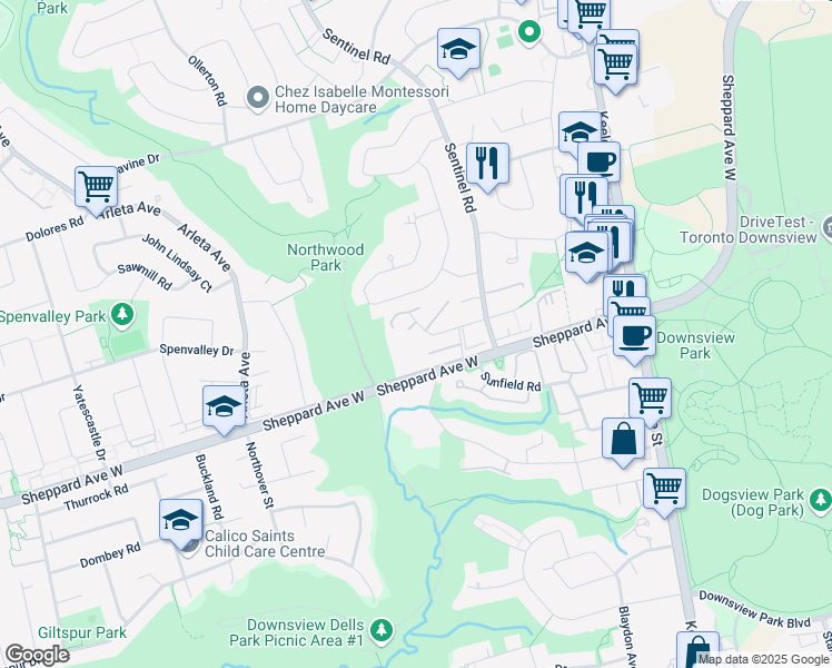 map of restaurants, bars, coffee shops, grocery stores, and more near 41 Brookwell Drive in Toronto